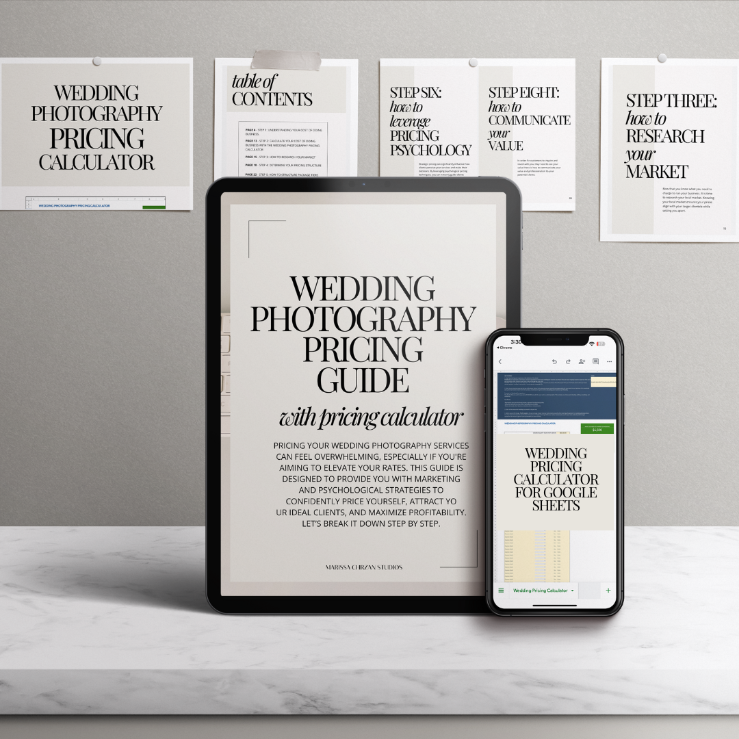 wedding photography pricing for wedding photographers with a pricing calculator mocked up on an ipad