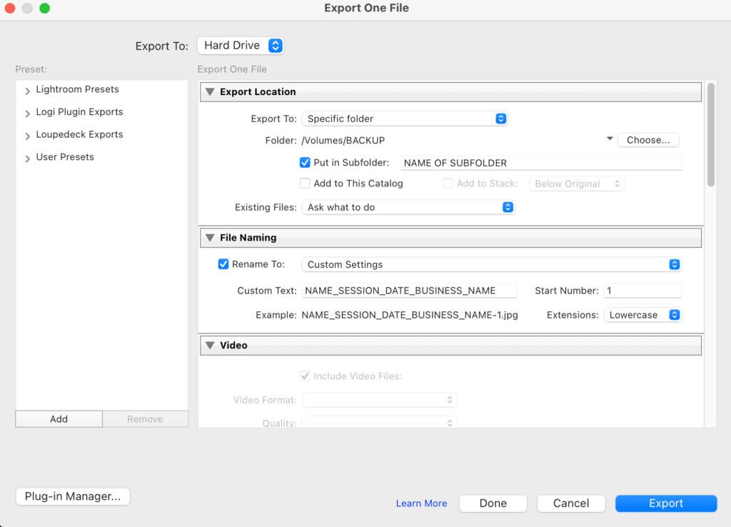 Lightroom export settings for client delivery instructions for exporting location and file names
