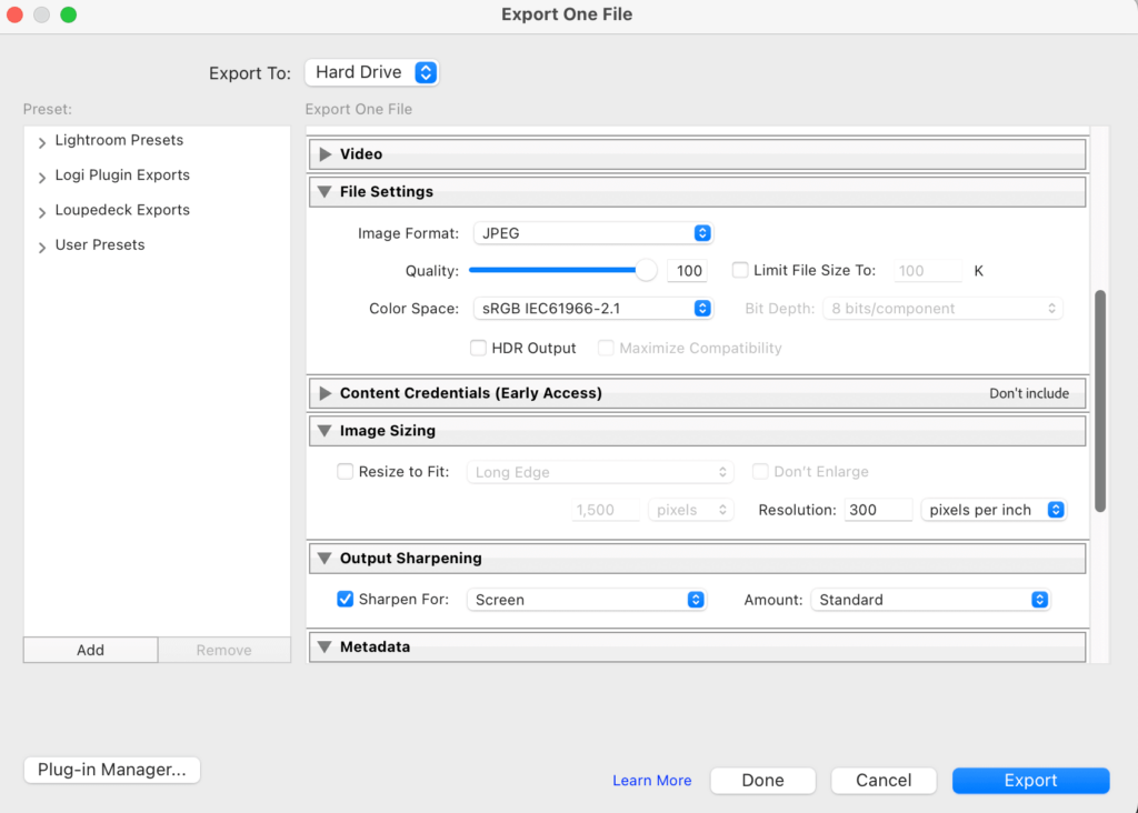 Instructions on export settings for image format for delivering images to clients from Lightroom