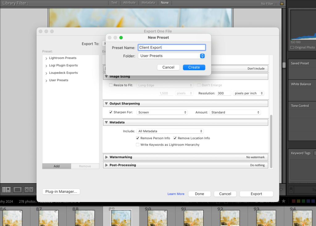 Lightroom export settings how to save a present for your export settings for client delivery
